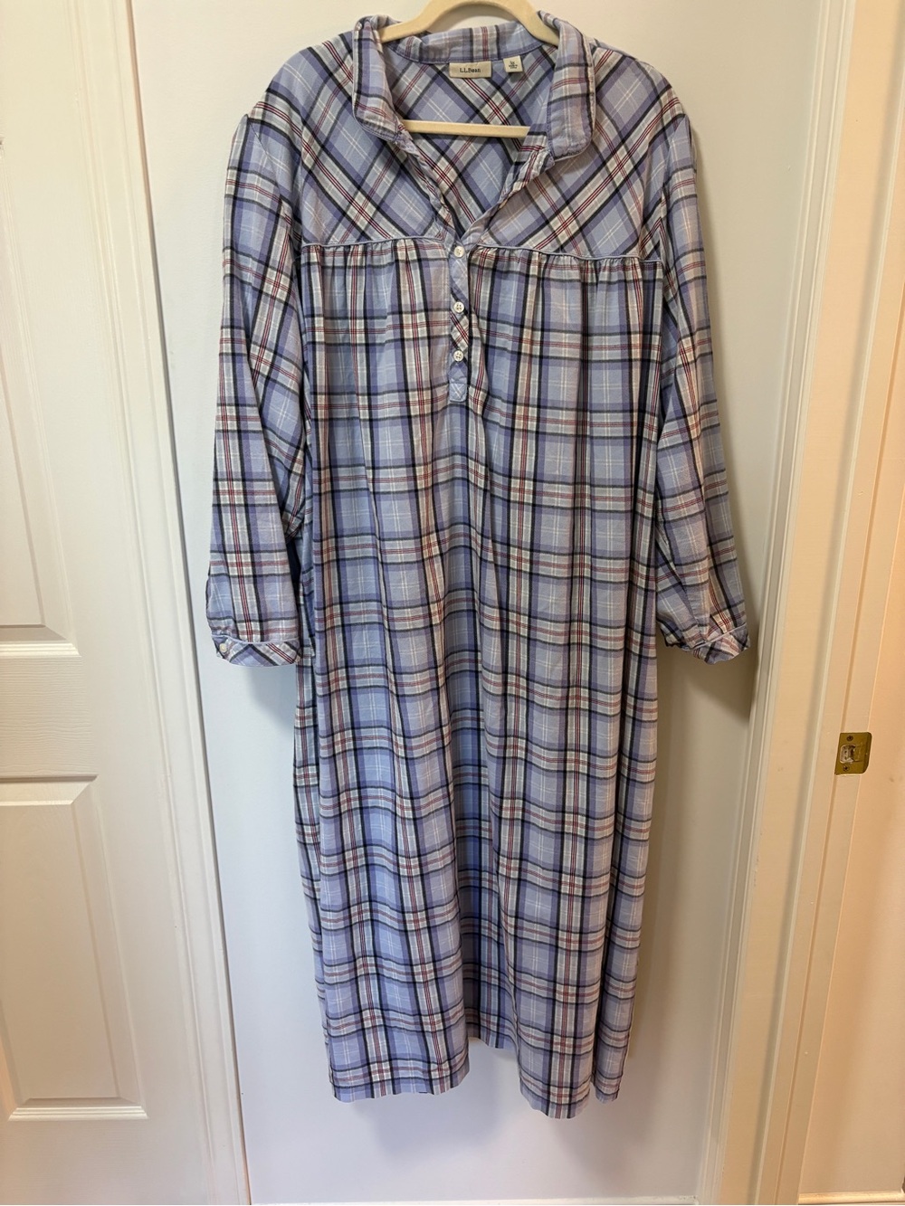 LL Bean Light Blue Plaid Flannel Nightgown Plus Size 3X Warm Winter 100% cotton